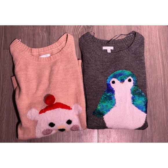 LC Lauren Conrad Lot Of 2 Pink Polar Bear & Penguin Sparkly Tunic Sweater Size S - Picture 1 of 6